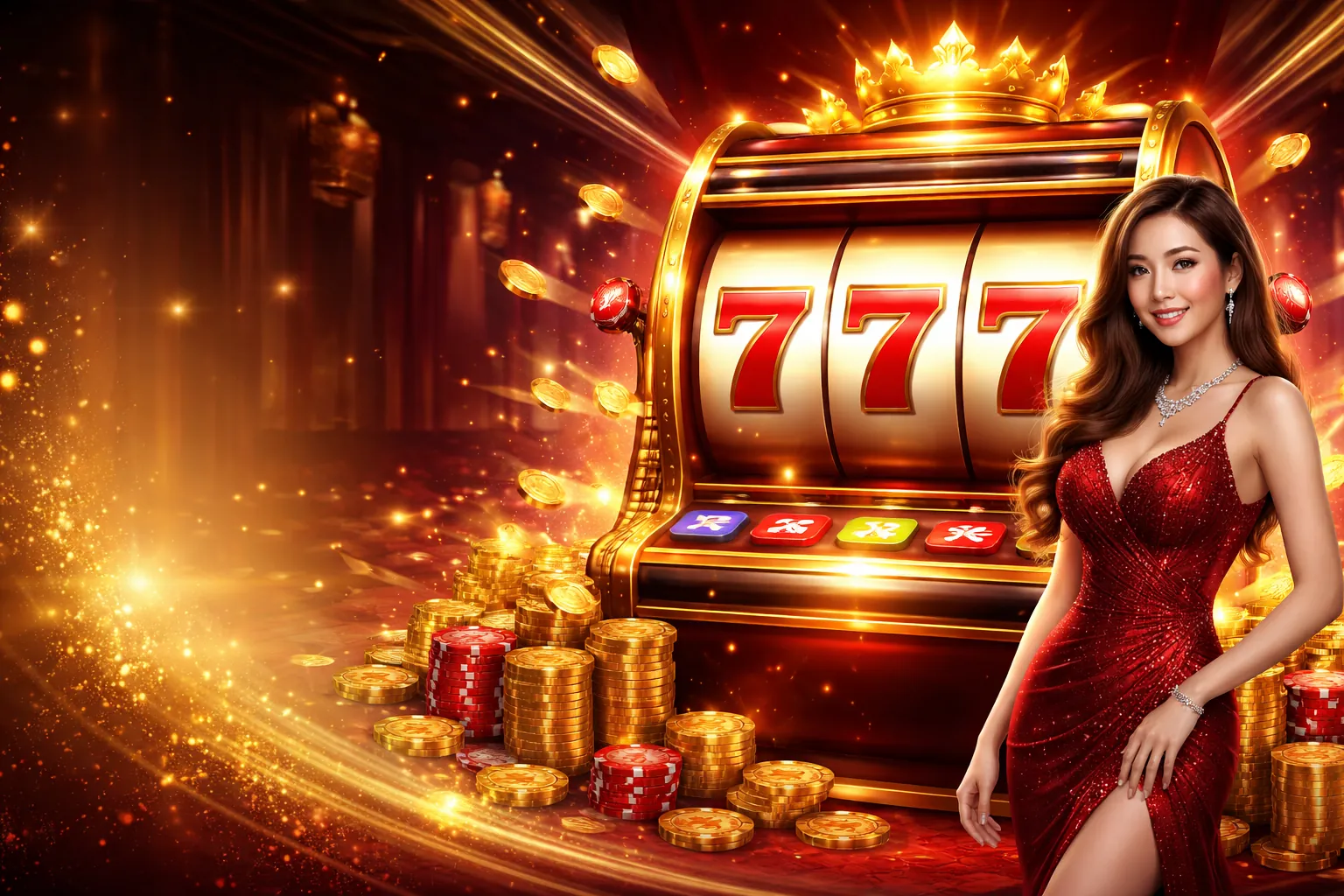 Hình ảnh máy slot với biểu tượng chiến thắng và tiền vàng